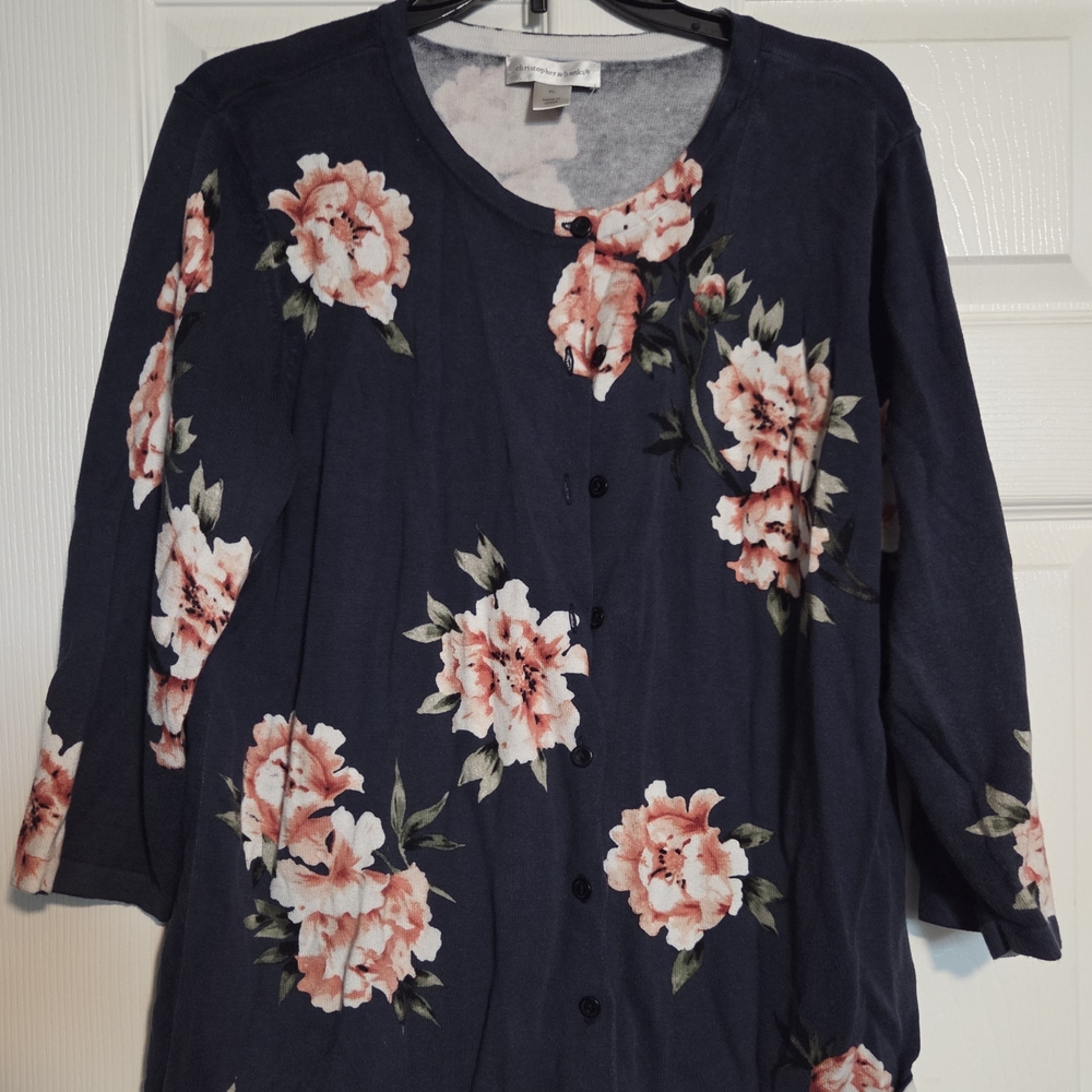 Christopher & Banks Navy and Pink Floral Sweater